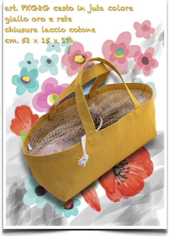 CESTO IN JUTA COLORE GIALLO ORO E RETE CON CHIUSURA LACCIO IN COTONE