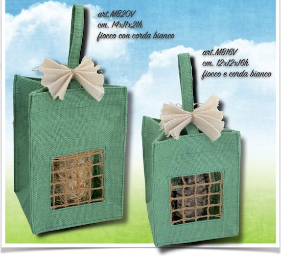 BORSA IN JUTA CON FINESTRA IN ORGANZA E CORDA INTRECCIATA